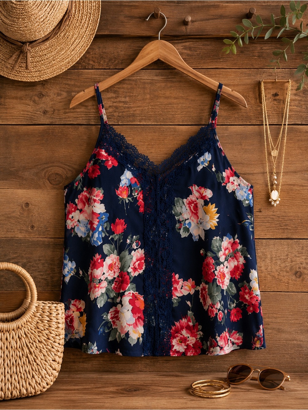 Boho Floral Embroidered Cami Tank | Navy Romantic Summer Top | Plus Size 1X